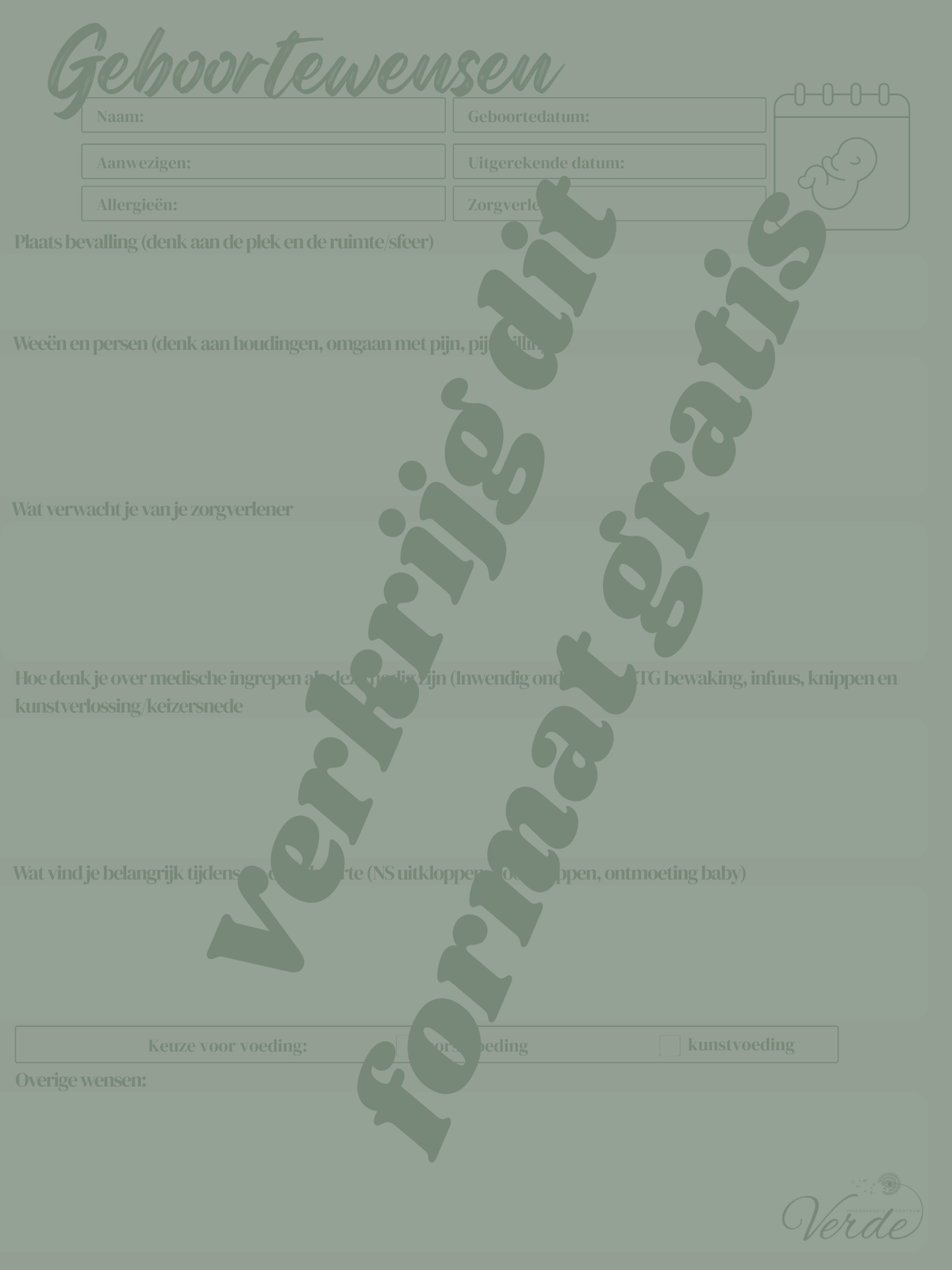 Geboorteplan format Verde